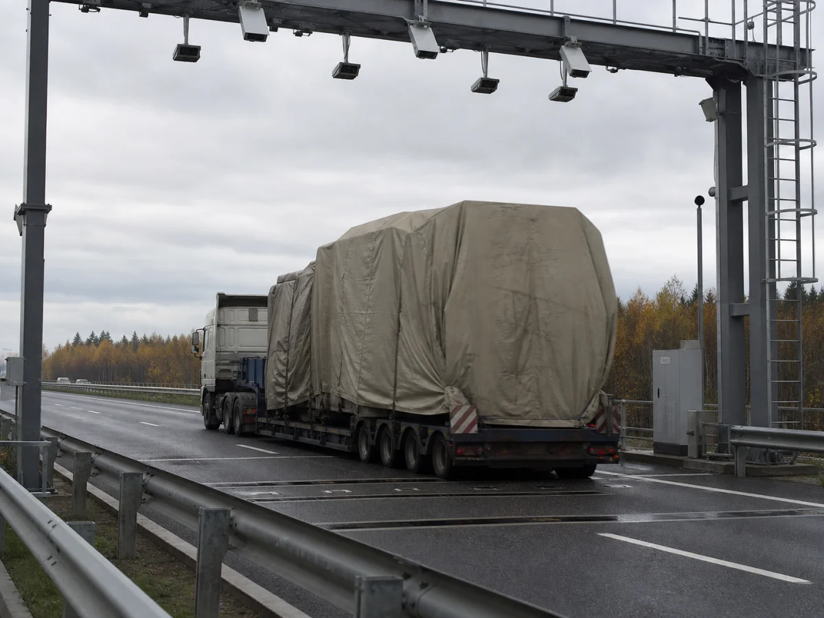 Автопоезд с крупногабаритным грузом проезжает под рамкой автоматического весогабаритного контроля